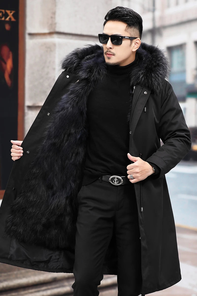 Jacket Men's Mink Fur Detachable Liner Fur Coat Mid-Length Imitation Fur Overcoat Jacket Hooded Slim-Fit Winter Business Casual