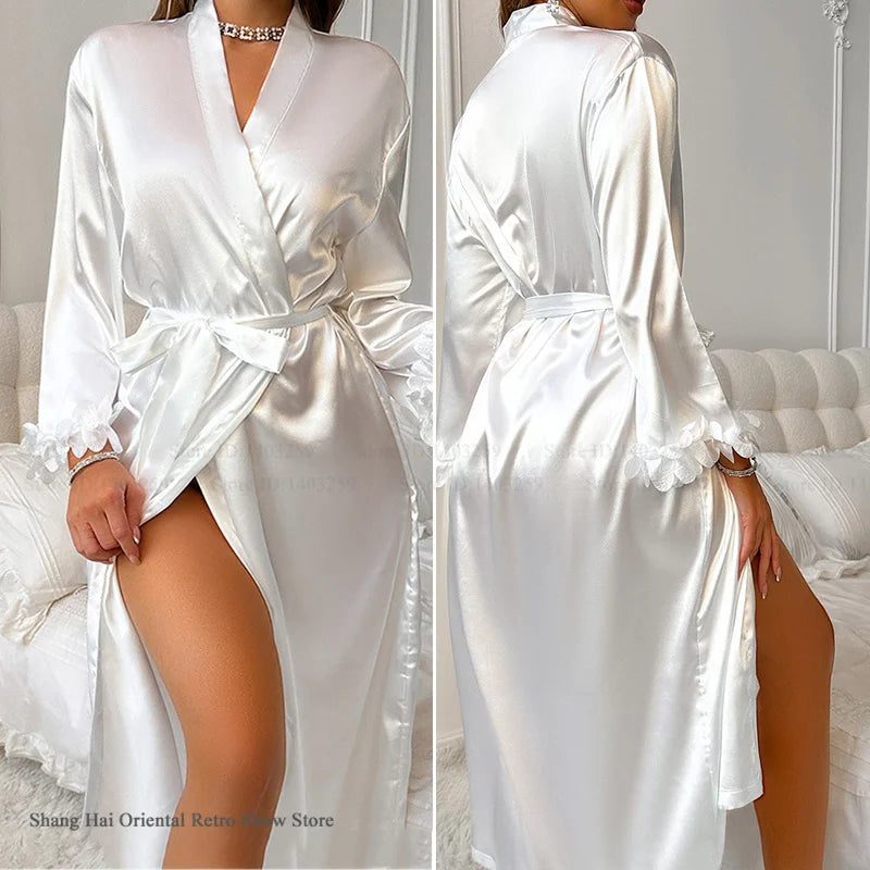 NEW S-XL Female 2PCS Set 3 Colors Robe Set Nightgown Sexy Lace Long Kimono Bathrobe Gown Silk Satin Loungewear Summer Sleepwear Lingerie Home Wear
