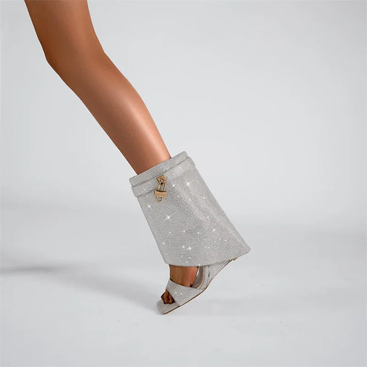 NEW Arrivals 3 Colors Women's Spring and Summer New Fashion Sexy Rhinestone Wedge Heel Middle Sleeve Cool Boots Occidental Banquet Show Shoes