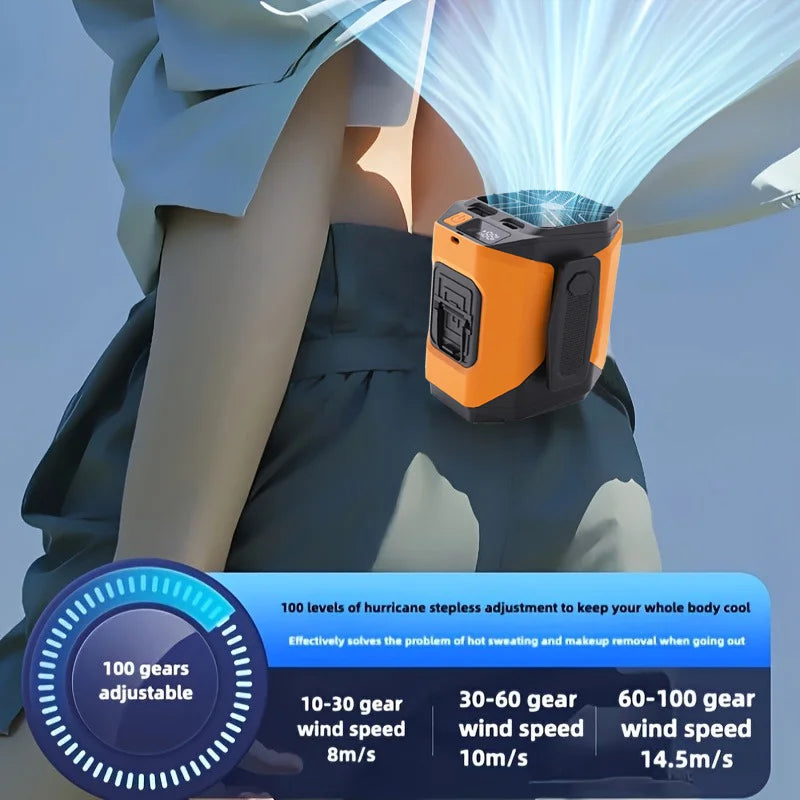New 10000mAh Waist Fan with Power Bank & Flashlight - High Speed Portable Fan USB Rechargeable for Hiking Running Outdoor Camping Travel