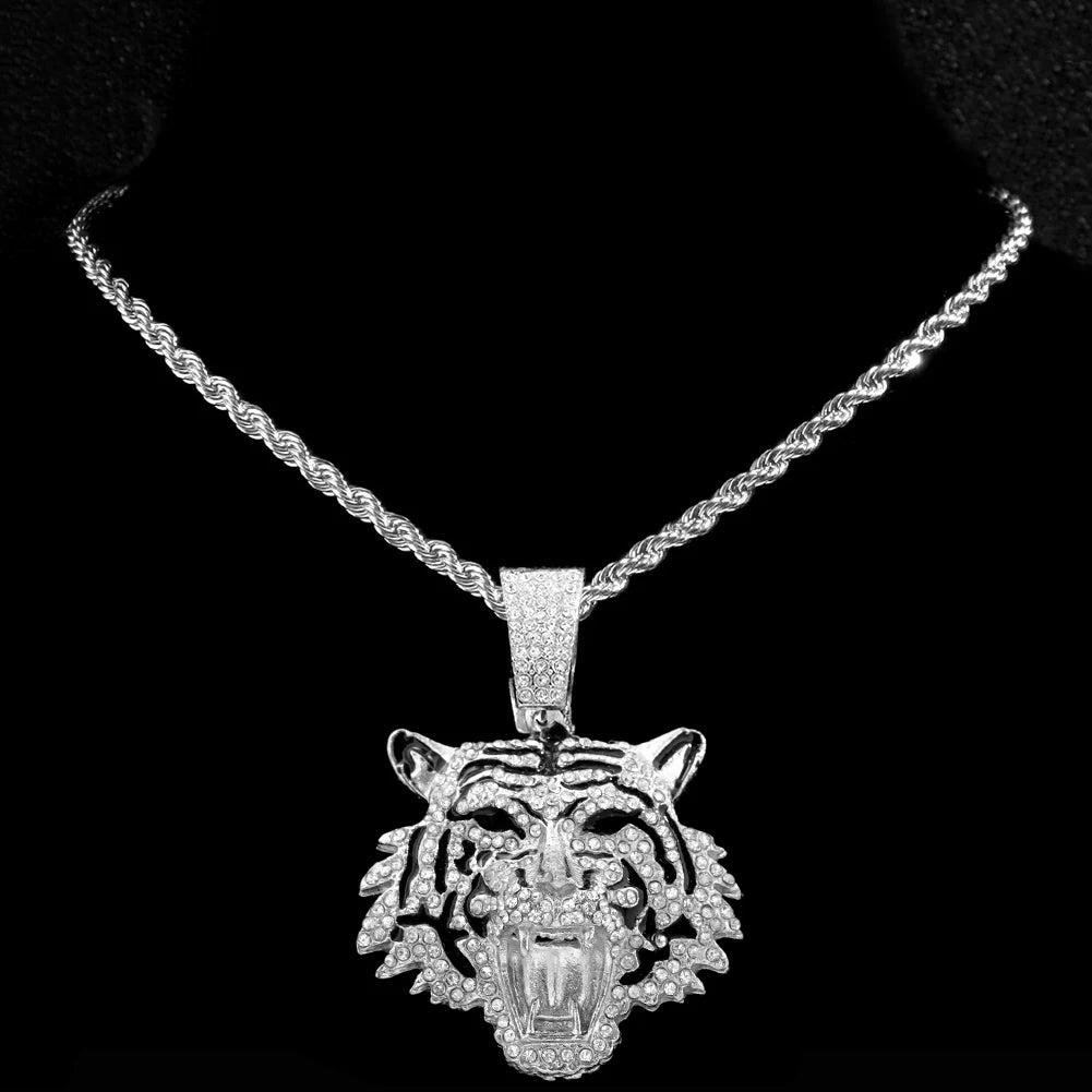 Luxury Rhinestones Gold/Silvery Color Hip Hop Tiger Head Pendant Necklace for Men Women, Iced Out Rhinestone Cuban Link Chain, Animal Bling Jewelry Gifts
