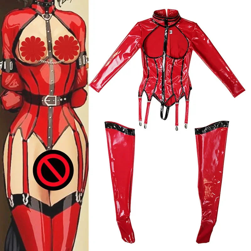 Sexy Fetish  Cosplay Sets Wetlook Women Shiny Patent Leather Suits Exposed Bodysuits Exotic Party Nightclub Costume Custom