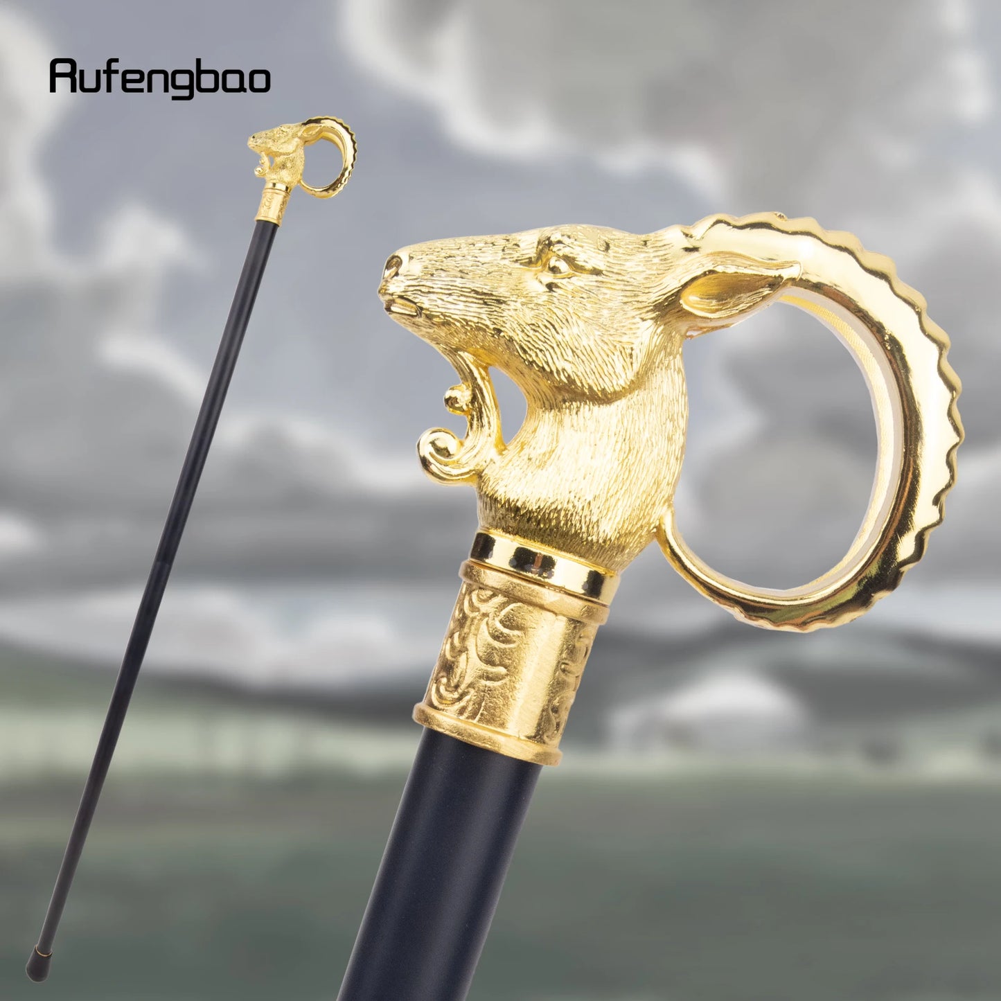 Golden Goat Sheep Animal Single Joint Illuminati's Master Walking Stick with Hidden Plate Self Defense Fashion Cane Cosplay Crosier Stick 91cm for Secret Society Bohemian Ceremony Ritual Events