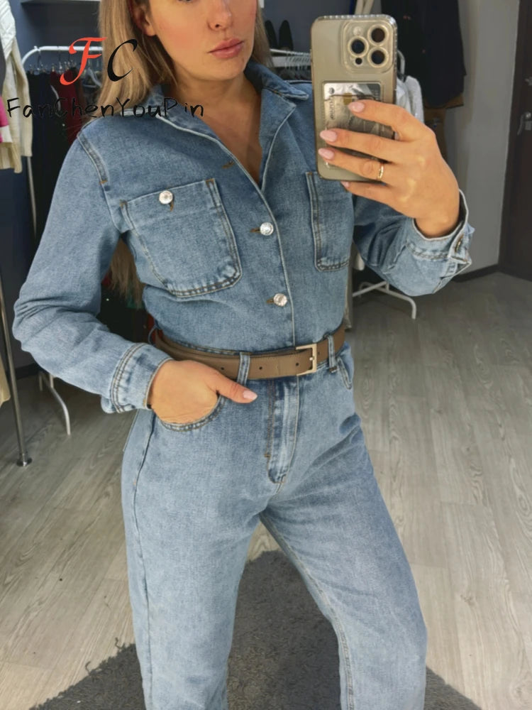 Spring New Women's Pants Suit Fashion Vintage Casual Temperament Long Sleeve Straight Leg Exquisite Denim Jumpsuit Female