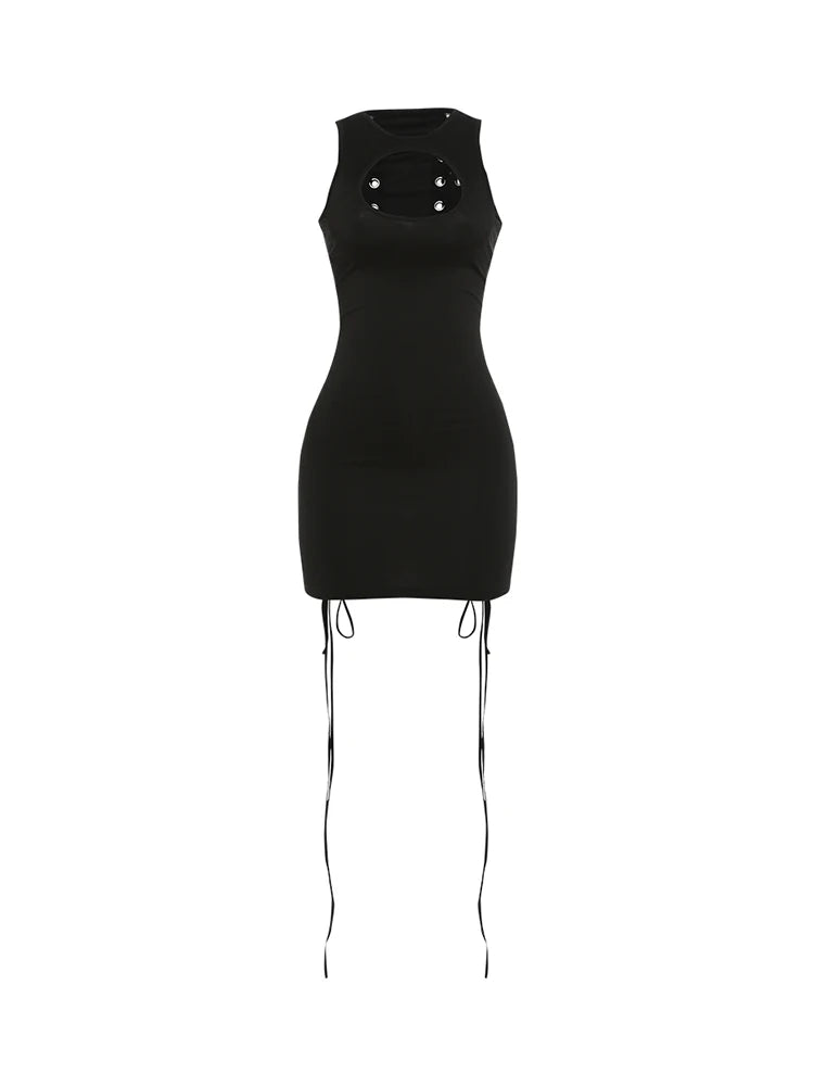 NEW Arrivals Cross Bandage Hollow Design Sexy Mini Dress Women's O-Neck Sleeveless Skinny Peach Hip Hot Girls Midnight Clubwear Evening Beach Party Sexy Mini Bodycon