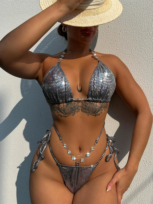 Luxury Rhinestone Bikini  Women Sequin Silver Push Up Diamond Hollow Out Bandage High Waist Swimsuit Bathing Suit Swimwear