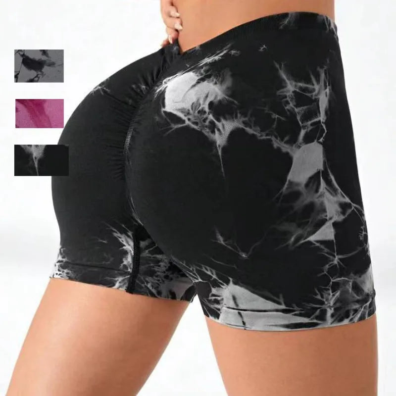 V Waist Tie Dye Yoga Shorts Women Seamless Knitting Shorts High Waist Hip Liftting Gym Trainning Running Fashion Elastic Pants