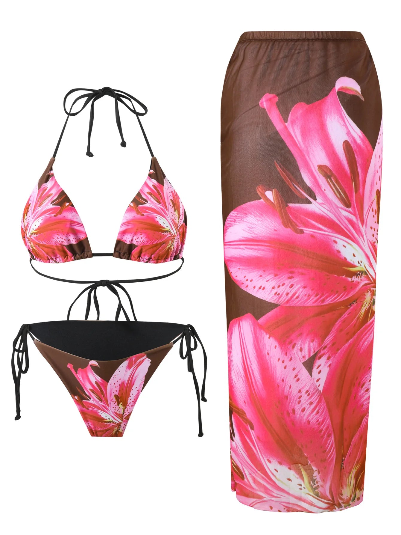 3 PCS Set 5 Colors Sexy Bikini Suit Summer Exotic Islands Vacation Separate Long Skirt Beach Tie Summer Swimwear with Chest Pad Women's Sexy Cover Ups Suit Swimming Apparel Sets