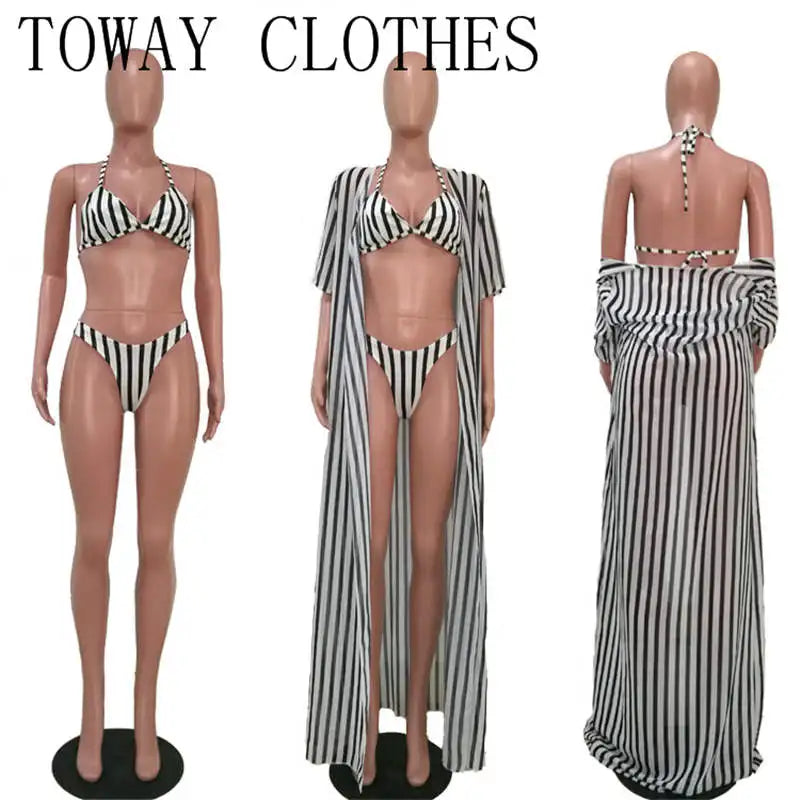 Women Summer Split Swimwear Beach Set Three Piece Set Stripe Printed Set Bikini Swimwear