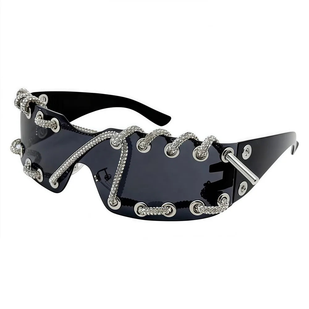 Rhinestones Chain Sunglasses Retro Cool Trendy Sunglasses UV Protective Lightweight Streetwear Party Shades For Women Men