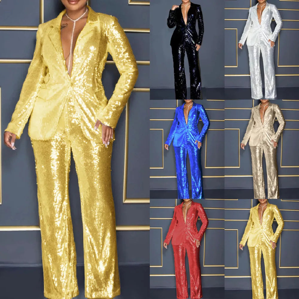 2 PCS Set S-2XL Long Sleeve V-Neck Shiny  Luxury Blazer Pants + Coats Suit Elegant Evening Party Set for Women Stylish Trendy Ensemble