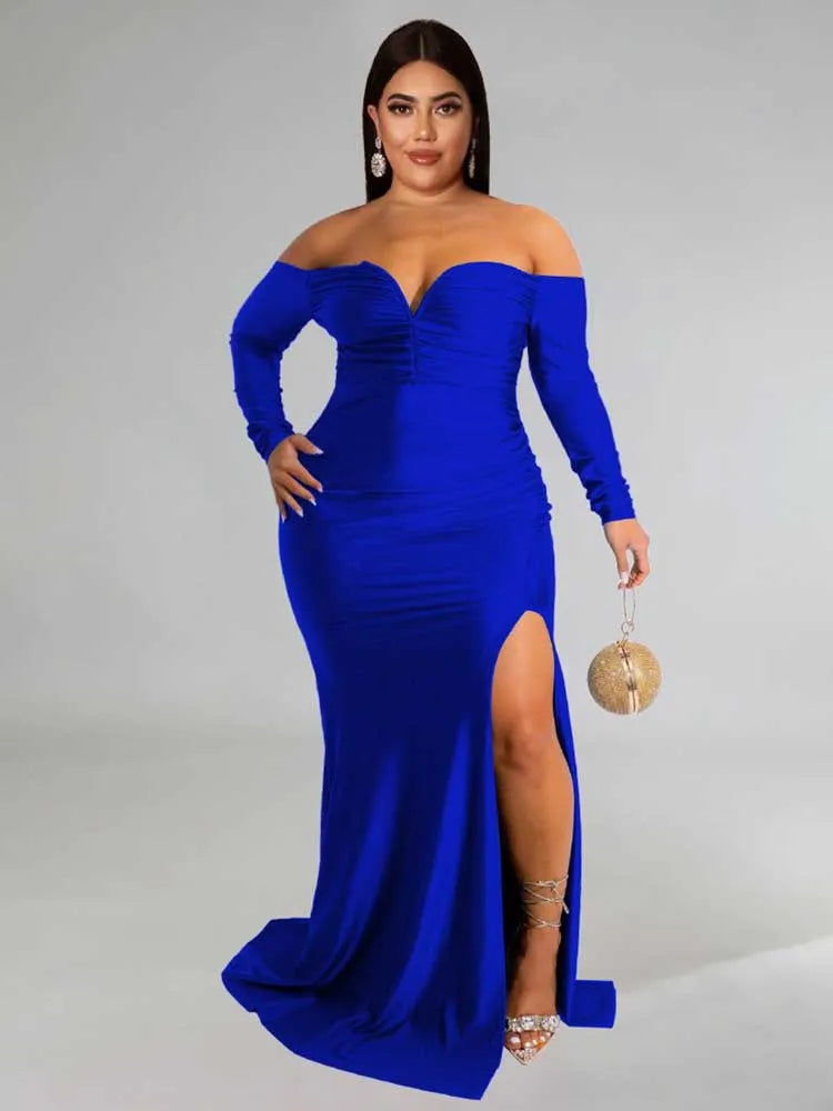 NEW Arrivals XL-4XL UK Size Green/Red/Black/Blue Curvy BBW Women Elegant Luxury Off The Shoulder Dress Strapless Long Sleeve Evening Party Wedding Birthday Dress Spring Plus Size Female Side Slit Dress