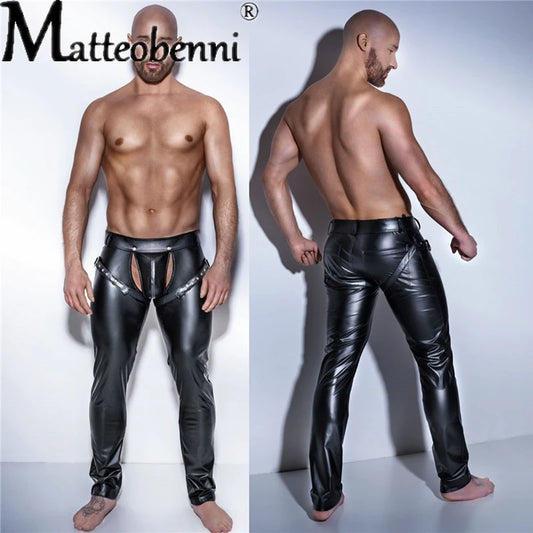 Gay Erotic Men Faux PU Leather Pants Male Wet Look Latex Trousers Open Front Pole Dance Pants Gay Fetish PVC Pants Clubwear Costumes