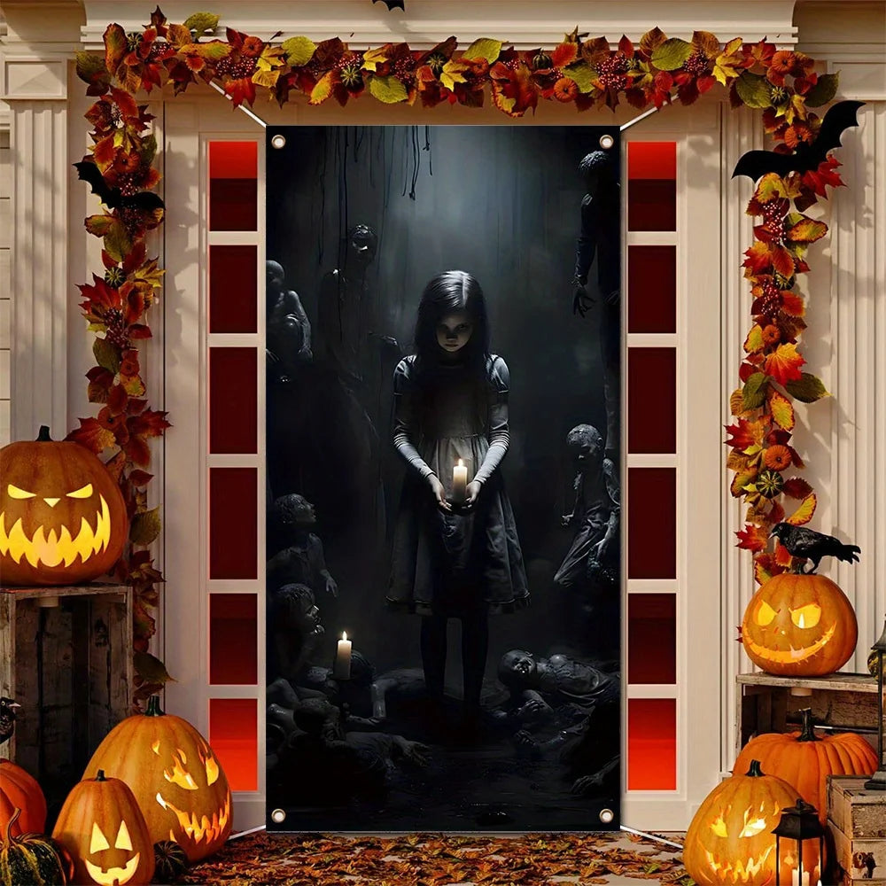 During Halloween to Celebrate the Holiday Season, Spooky Decorations - Spooky Halloween Banners with Ghosts and Candles Haunted House Decoration Supplies