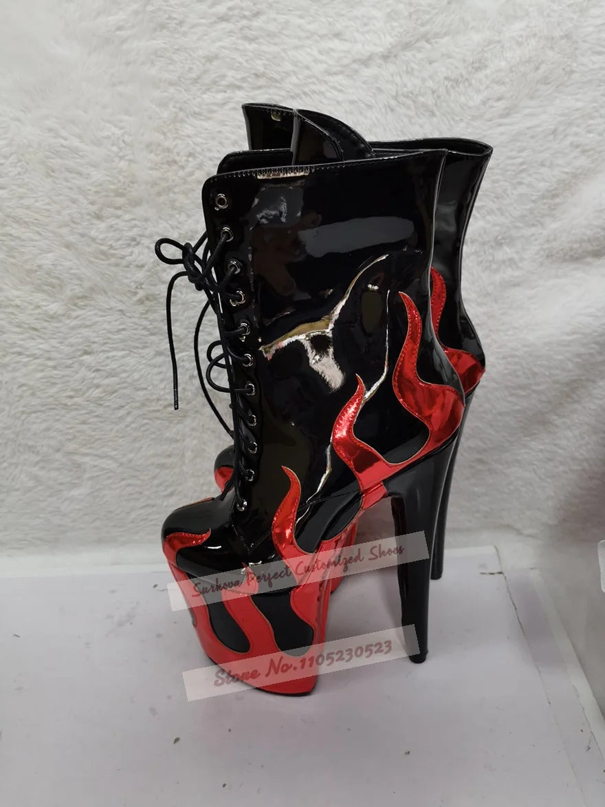 NEW Arrivals Sky High 20cm Handmade Stiletto High Heels Pole Dancing Stripper Shoes Hologram Iridescent Red Fire Shaped Patchwork Ankle Boots Platform Lace-Up Shoes