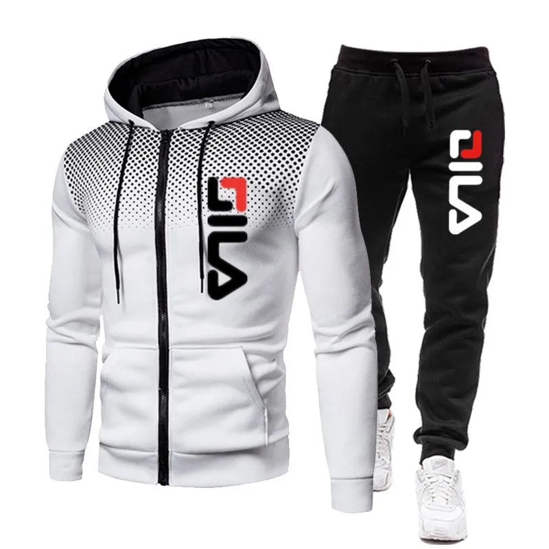 Men Tracksuits+Sweatpants Two Pieces Suits Winter Print Zipper Hooded Sweatshirt Casual Fitness Jogging Sports Pants Sets