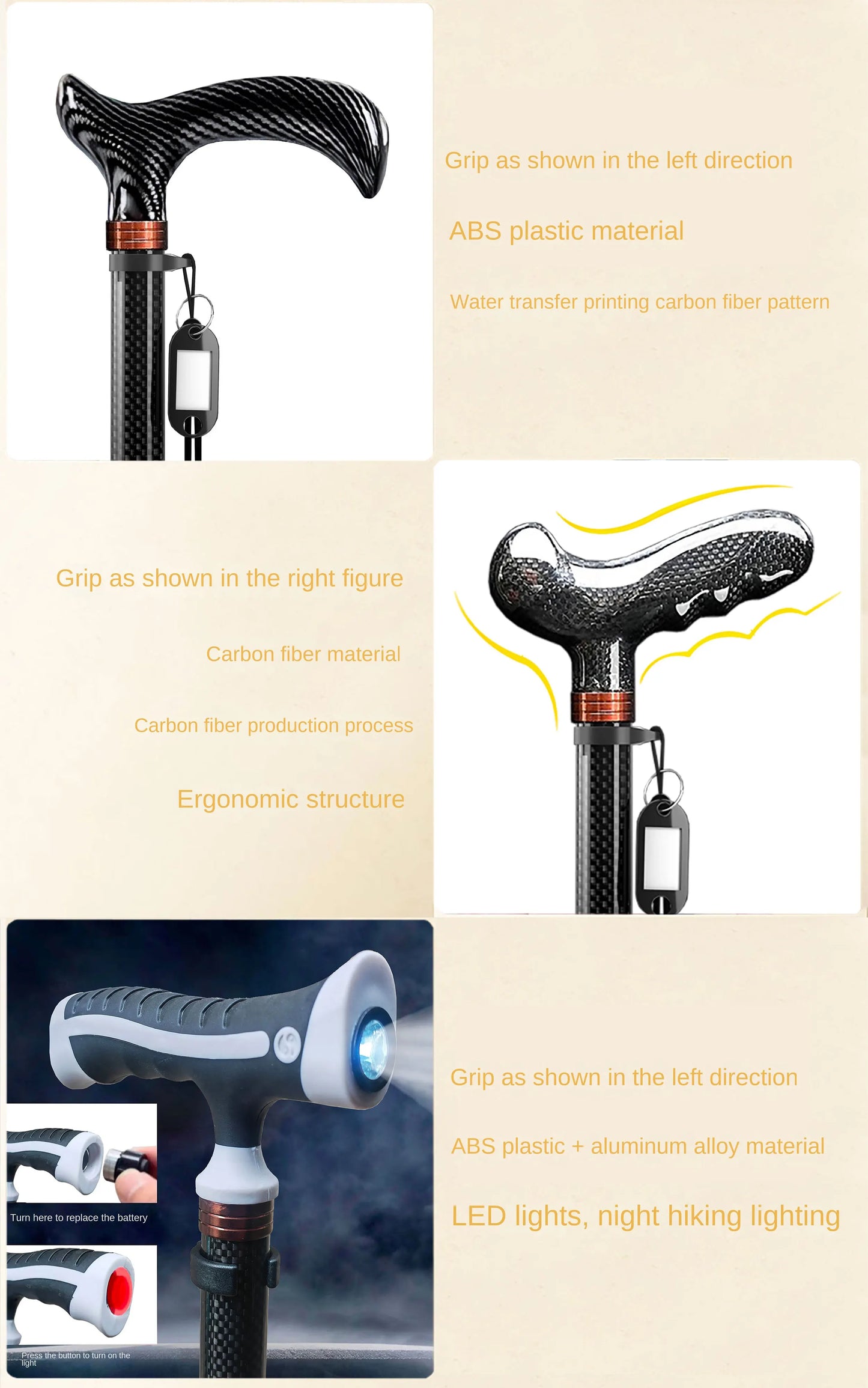 Ultra-Light Retractable Carbon Fiber with Lamp Handle Night Hiking Booster Walking Anti-Slip Breaking Four-Legged Stable Armrest Stick Column Stick Device