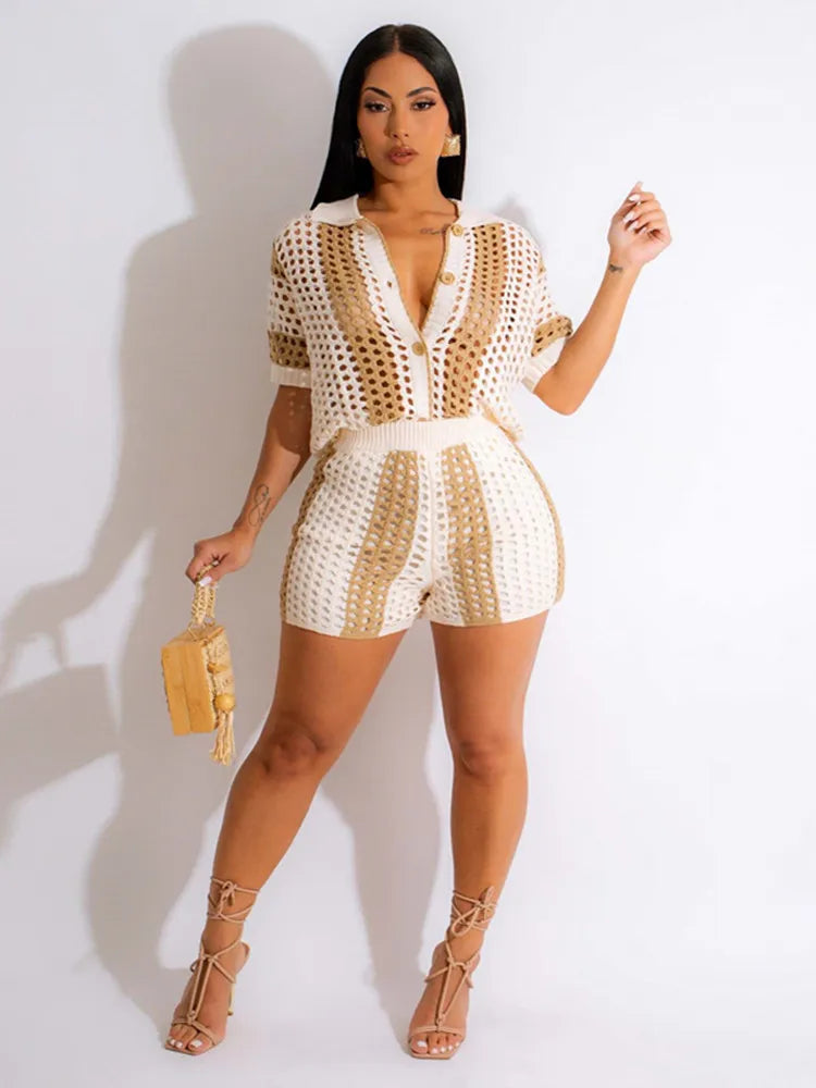 NEW Arrivals 2 PCS Set UK Size Pink/Khaki/Black Color Sexy Hollow Out Perspective Lapel Knitted Shorts Set, European and American, Hot Sexy Suit Ladies Girls Casual Fashion Clothing Supplies