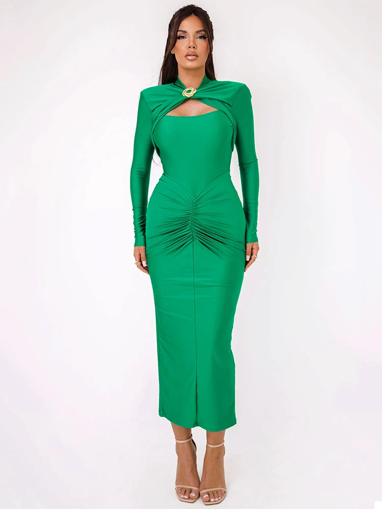 Luxury Hollow Out Long Sleeve Sexy Maxi Dress For Women Girls Gown Autumn Winter New Metal Buckle Ruched Slit Long Elegant Dress Evening Wedding Birthday Party Female Ladies Luxury Fashion Clothing Supplies