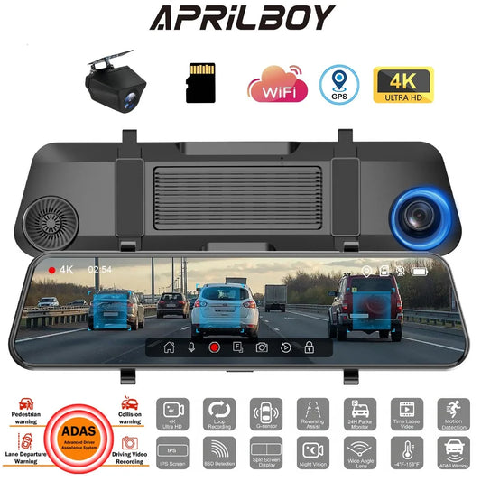 4K WIFI Mirror Dash Cam Smart Driving Assistant ADAS & BSD with External GPS Support Monitor Night Vision 24H Parking