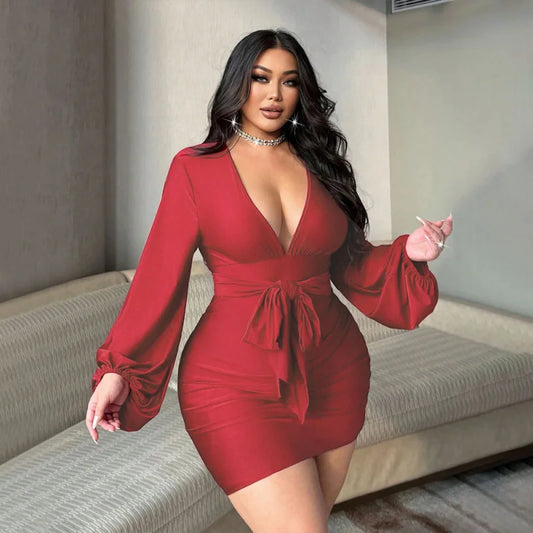 For Curvy Ladies XL-3XL Plus Size Big Women's Clothing European and American Sexy V-Collared Dress Summer High Waist Bodycon Socialite Dress Short Skirt