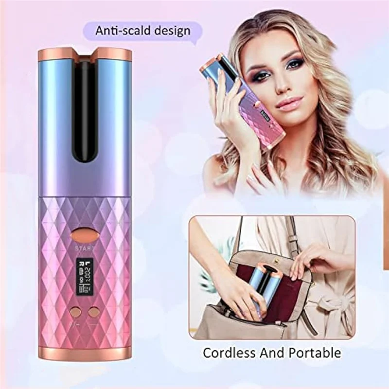 AA51 Powerful Automatic Curling Iron, Cordless Auto Hair Curler Portable Rotating Curling Wave Wand Styling Tool Auto Shut Off ABS