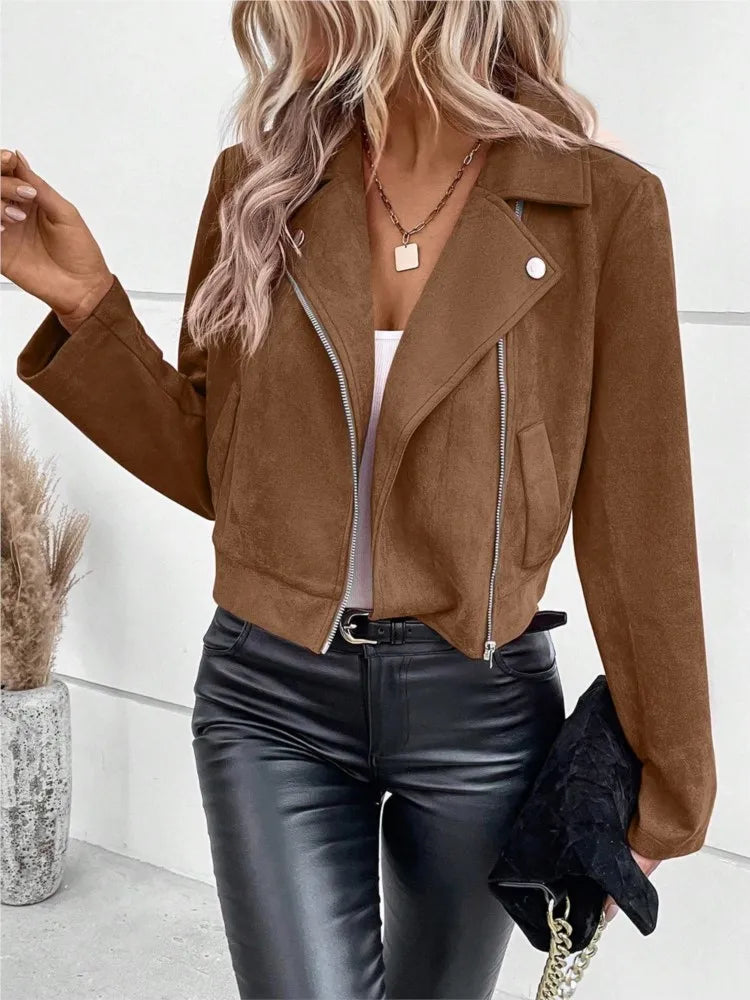 S-2XL US Size Women's Casual Lapel Zipper Jacket Imitation Deerskin Velvet Short Coat Winter Fashion Slim Women's Riding Short Jacket Casual Clothing Supplies