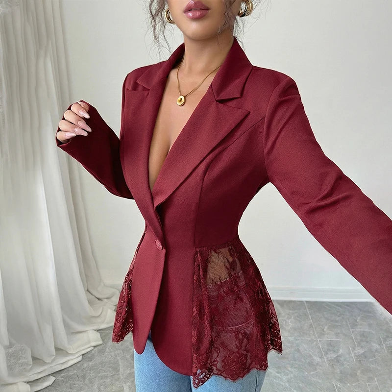 Just Arrived XS(6)- 2XL(18) UK Size 4 Colors Elegant Lace Patchwork Blazer Jacket Women Fashion Notched Collar Long Sleeve One-Button Perspective Sexy Versatile Suit Coat