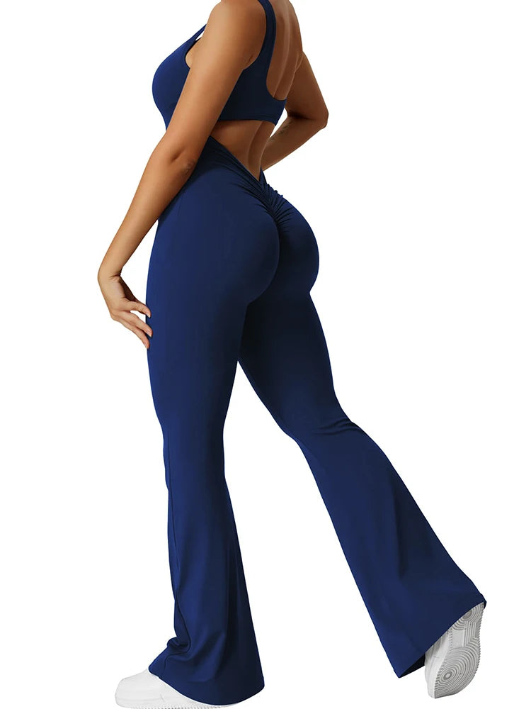 5 Colors S-XL Size Women's Fitness Flared Bodysuit Sexy Backless Fitness Tight Waistband Hipless Yoga Bodysuit V Back Waistband Hip Lift Female Apparel Sports Clothing Supplies