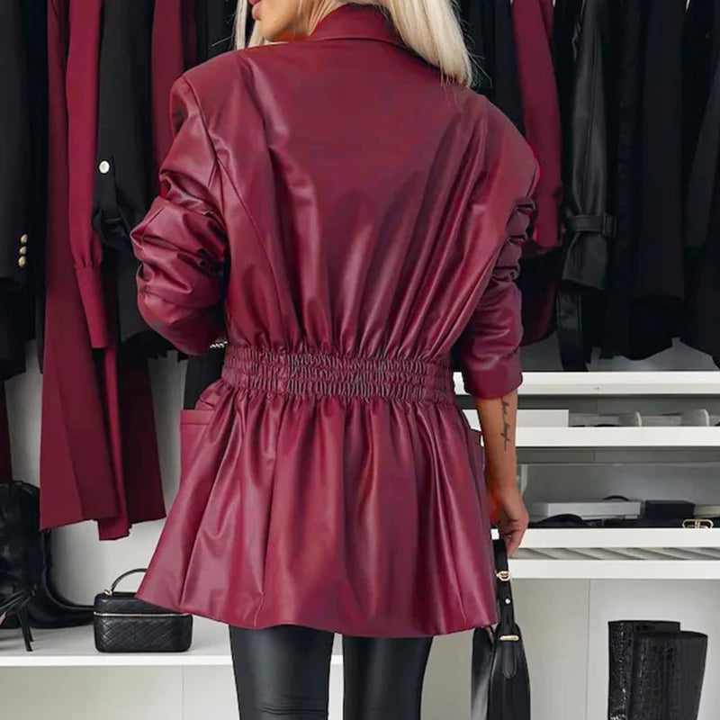 NEW Arrivals Black/Dark Brown/Burgundy  Fall Lady Lapel Waist Short Dress Retro Double Breasted Solid Dress Office Lady Temperament Long Sleeved PU Leather Coat Ladies Luxury Fashion Clothing Supplies