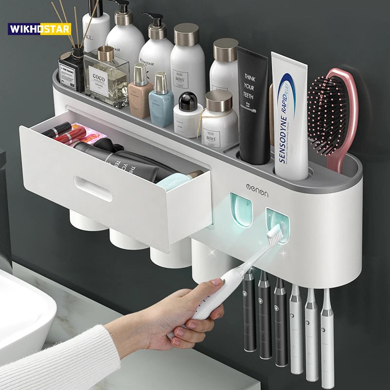 NEW Arrivals  Wall Mounted 5 Cups Toothbrush Holder Magnetic Adsorption Inverted Toothpaste Squeezer Double Automatic Toothpaste Dispenser Bathroom Accessories