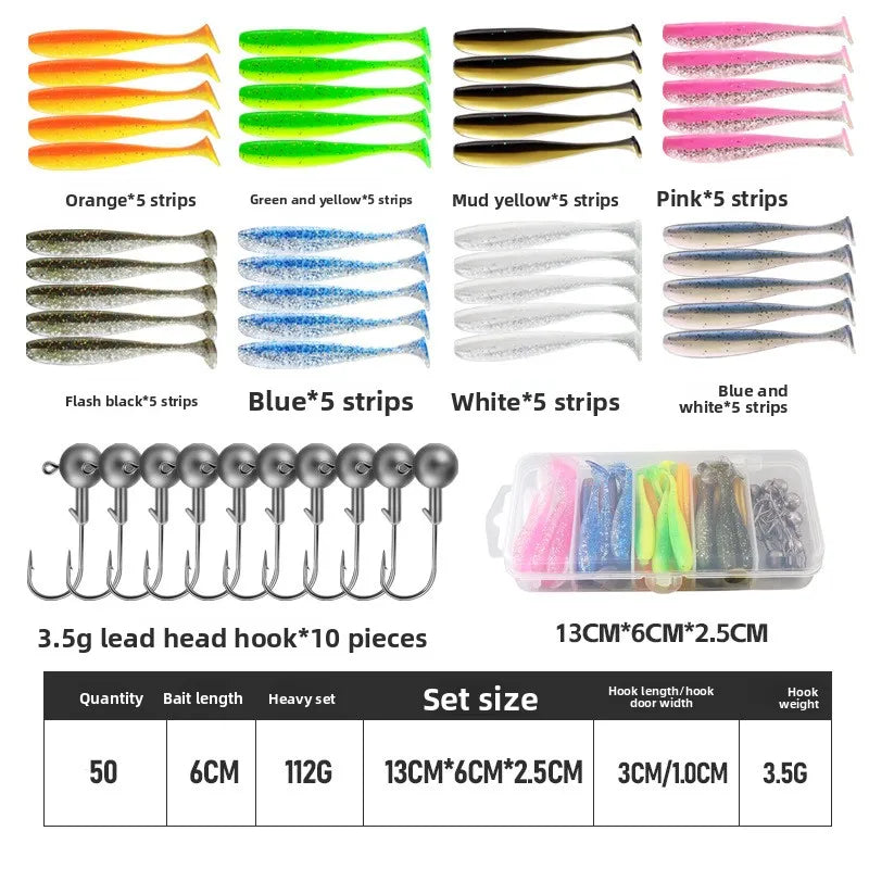 100 PCS Set High-Quality Soft Two-Tone Tail Luminous Glow in the Dark Night Fishing Lures Soft Bait Fake Bait with Lead Head Hook River Ocean Lakes Fishing Accessories Tools Set