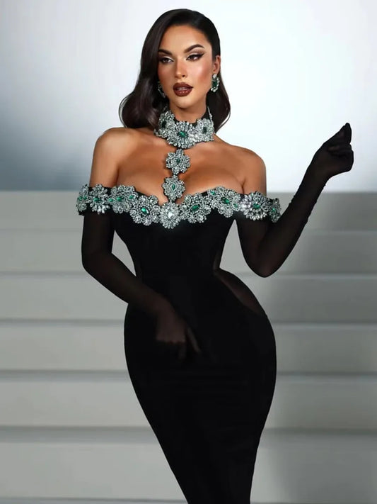NEW Summer Bandage Luxury Dress Women Celebrity Sexy Diamonds Crystal Black Maxi Long Bodycon Elegant Evening Club Party Red Carpet  Dress Ladies Luxury Fashion Clothing Supplies