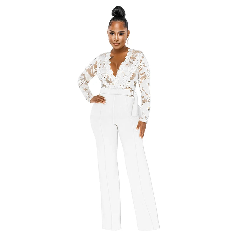 Fashion Casual Women Lace See through V Neck Jumpsuit Long Sleeve  Wide Leg Pants with Belt Rompers Overalls Casual Streetwear