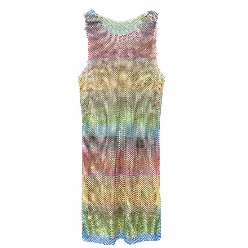 Bright Diamond Rainbow Y2K Vest Dress Hollow Color Rhinestones See-through Mesh Dress Women Neon Color Cllub Shift Dress