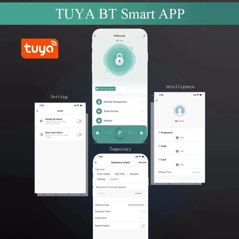 TUYA Door Lock App Glass Fingerprint Bluetooth Smart Glasses Electronic Biometric Door Lock 13.56Mhz RFID Remote Control Unlock