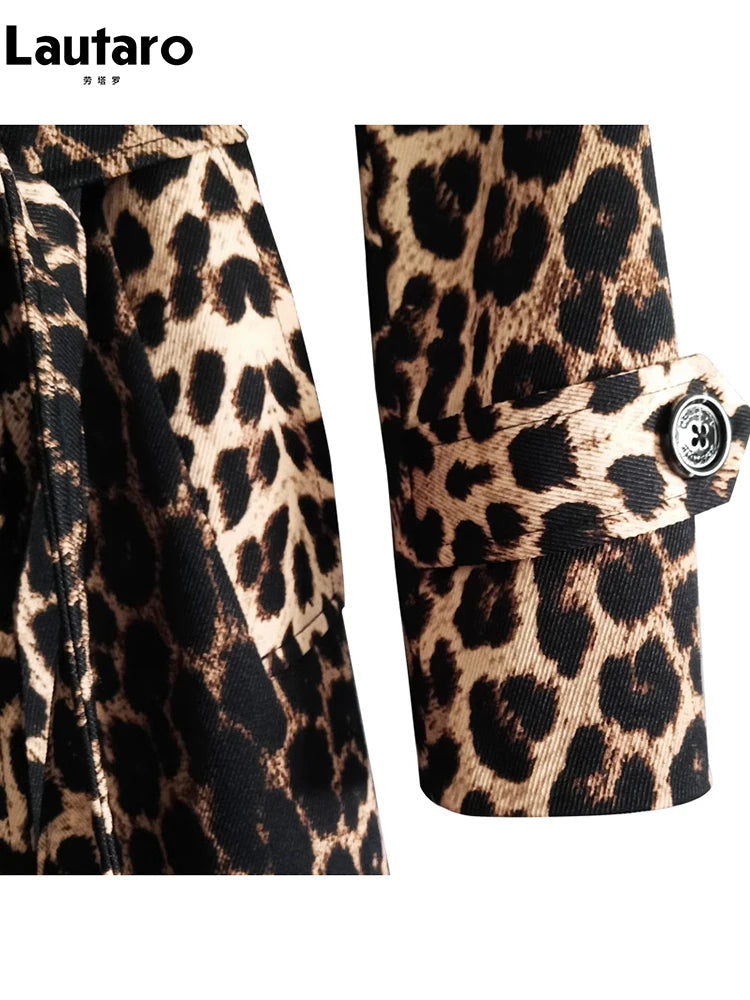 Lautaro Spring Autumn Long Stylish Leopard Print Trench Coat for Women Belt Double Breasted Casual Luxury Designer Clothes