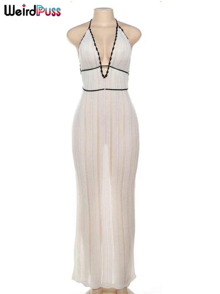 NEW Arrivals Sexy Elegant Halter Dress Women Female Summer Evening Beach Party Night Clubwear Backless Lace-Up Color-Block Sleeveless Trendy Ladies Girls Wild Fashion Clothing Supplies