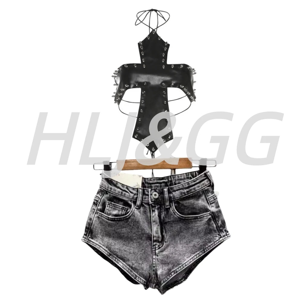 2 PCS Set  Y2K Sexy Hot Girl Halter Backless Lace Up Women Leather Rivets Crop Top And Denim Shorts Outfit Streetwear Evening Rave Festival Party Night Clubwear Suit