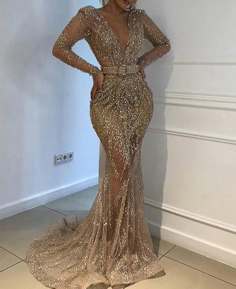 Low-Price Sales are Limited New Style S-2XL Women's Evening Luxury Wedding Birthday Party Outfit Night Clubwear Business Dinner Full Dress Sexy Sequin Long Sleeve Bridesmaid Dress Girls Ladies Luxury Fashion Clothing Supplies
