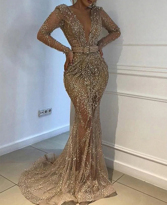 Low-Price Sales are Limited New Style S-2XL Women's Evening Luxury Wedding Birthday Party Outfit Night Clubwear Business Dinner Full Dress Sexy Sequin Long Sleeve Bridesmaid Dress Girls Ladies Luxury Fashion Clothing Supplies