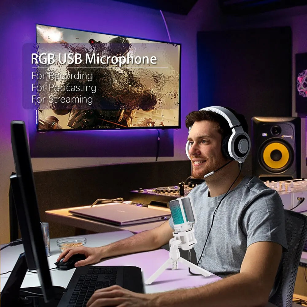 USB Condenser Recording Microphone White RGB Streaming Mic For PC And Mac with Android Phone Adapter Headphone Output