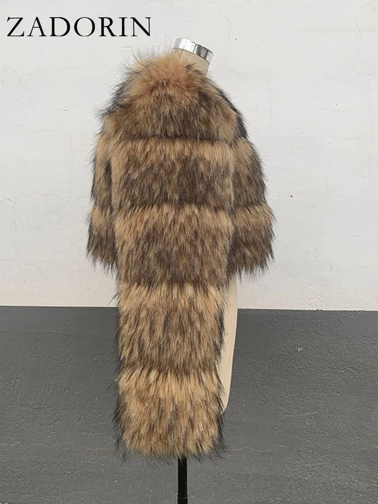 NEW Arrivals S-6XL High Quality Cropped Faux Raccoon Fur Coat Women Winter Warm Snow Outwear Fashion O Neck Long Sleeve Fluffy Short Faux Fur Jacket Crop Top Ladies Girls Luxury Fashion Clothing Supplies