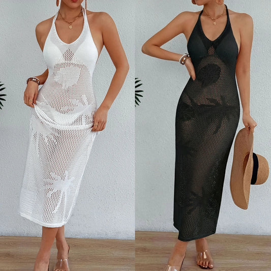 Sexy Lace Beach See Through Dress Women's Crossbody Strap Dress with Ribbon Decoration Split Design Swimsuit Swimwear Beachwear Bikini Cover Ups Dress Ladies Swimming Bathing Apparel Supplies