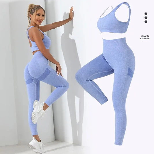 Yoga Basic 2pcs Seamless High Stretch Yoga Set Tracksuit Gym Set Crisscross Back Cami Hip-hugging Tummy Control Leggings