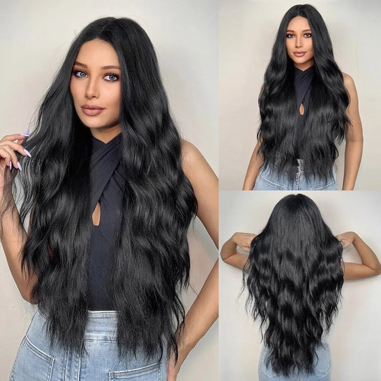 Black Wave Wigs for Women Long Natural Curly Wig Middle Part Synthetic Wig Heat Resistant Fake Hair Daily Party Use