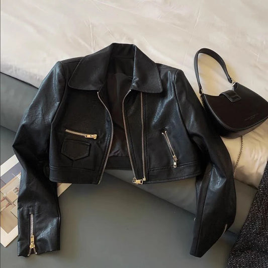 NEW Arrivals Vintage Cropped PU Leather Jacket Women Streetwear Black Motorcycle Coat Fall Winter Long Sleeve Zipper Chic Outerwear Girls Casual Fashion Clothing Supplies