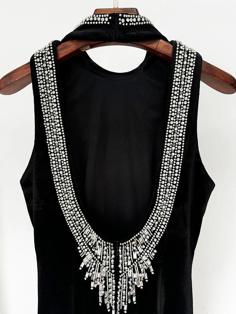 NEW Arrivals UK Size Sexy Halter Neck Backless Diamonds Sequin Long Dress Women Black Velvet Sleeveless Beaded Slim Dresses Evening Party Runway Red Carpet Gown Ladies Luxury Fashion Apparel Supplies
