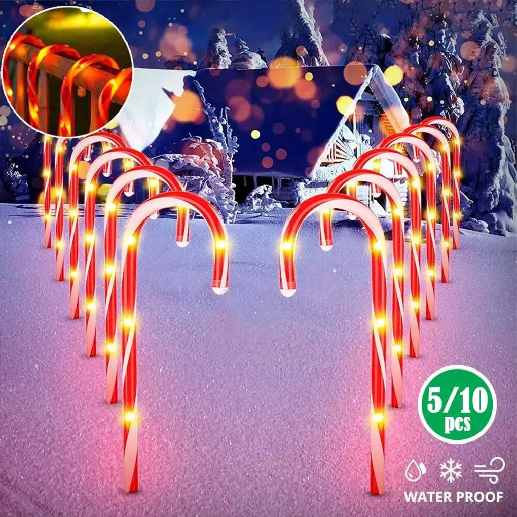 5-10 PCS Set Festive Solar LED Candy Cane Pathway Lights For Outdoor Cane Cru-tch Christmas Garden Courtyard New Year Eve Decoration