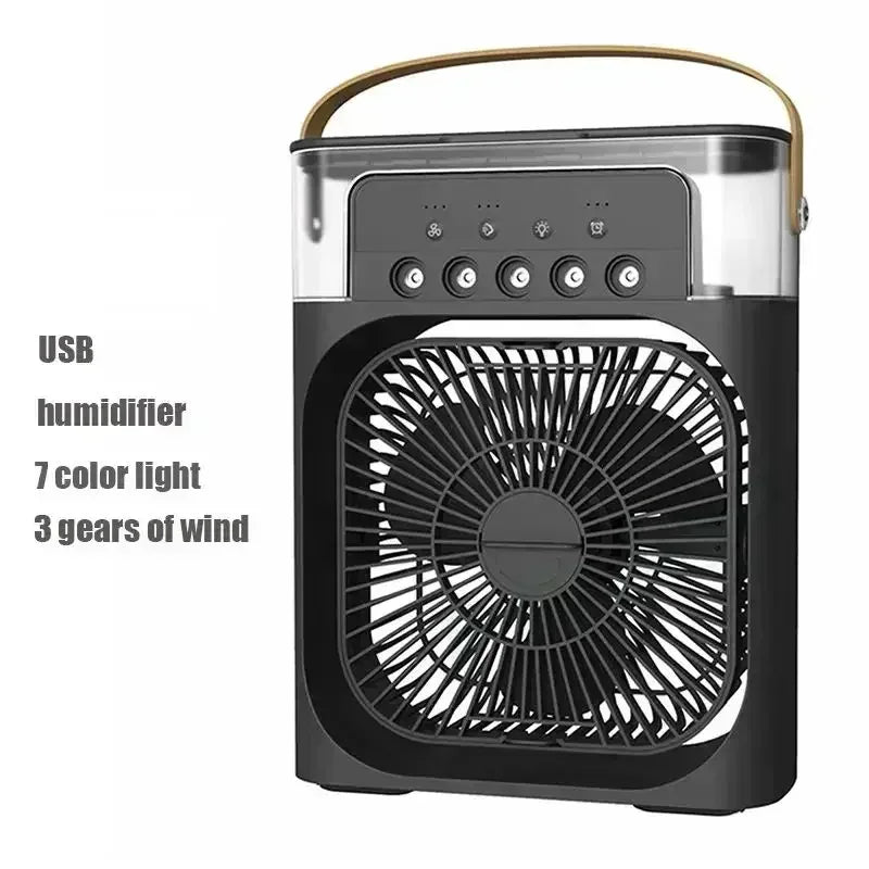 Save Energy Mini Portable Cooling Fan with USB Charging Water Mist Air Conditioner LED Lights Night Light for Home Office Desk Humidifier Cooling Devices.